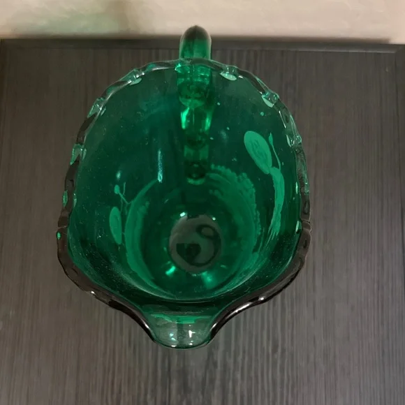 Fenton Green Glass Pitcher with Whimsical White Design - Picture 7 of 10